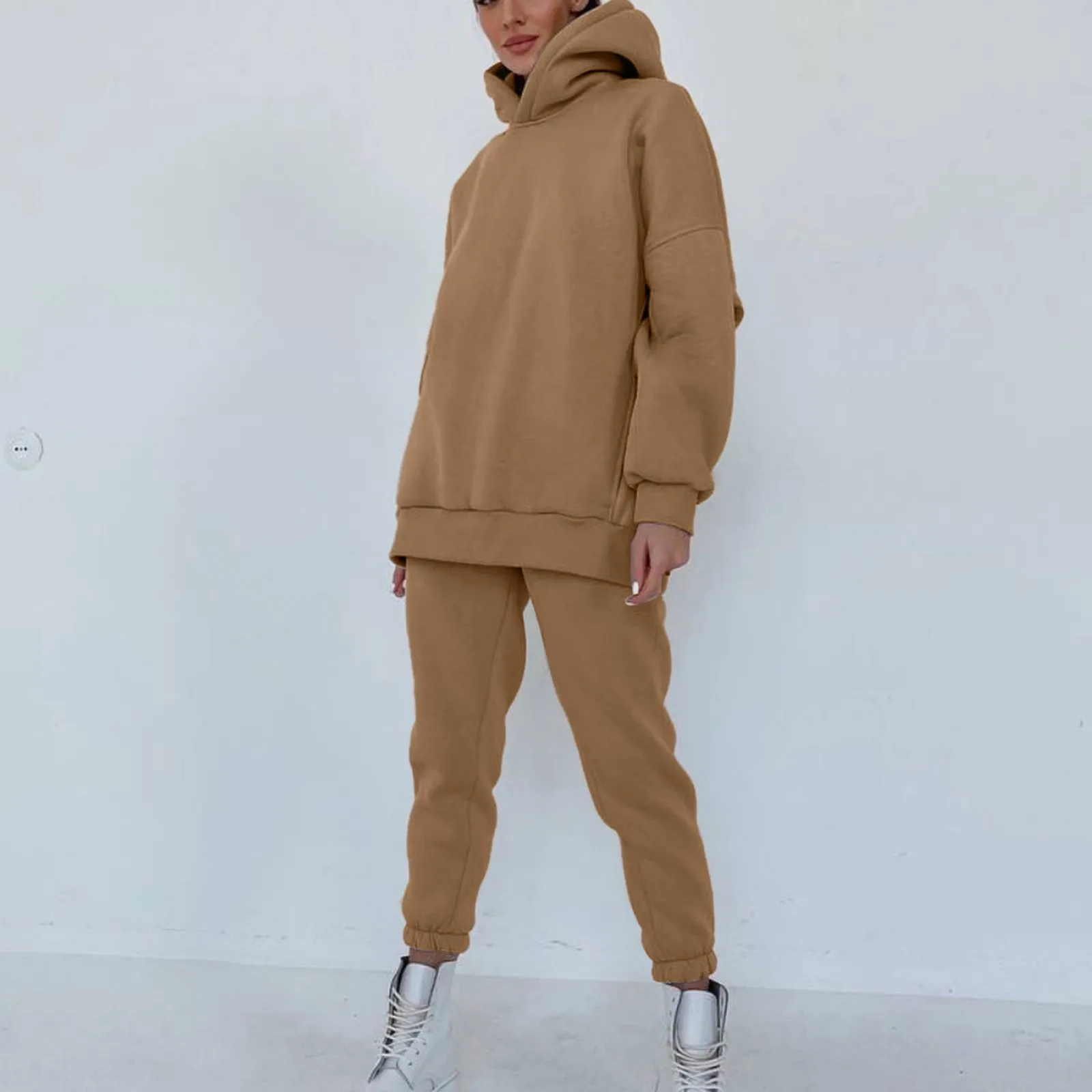 

Women Solid Fleece Two Piece Sets Winter Casual Ladies Warm Tracksuit Long Sleeve Female Hoodie Suit Hooded Sport Pants Suit