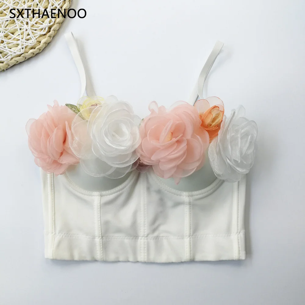 

SXTHAENOO French Style Sexy Romantic Flowers Camisole Women's Cropped Top Night Club Party Corset Push Up Bustier Camis