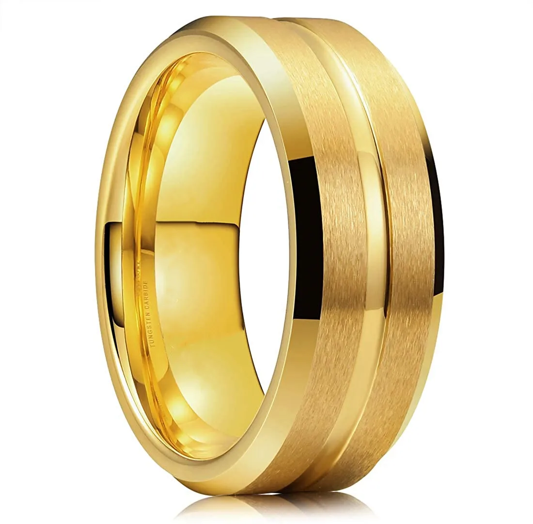 

8mm Stainless Steel Wedding Ring Groove Bevel Brushed Finish Black and Silver and Gold Ring for Anniversary Gift