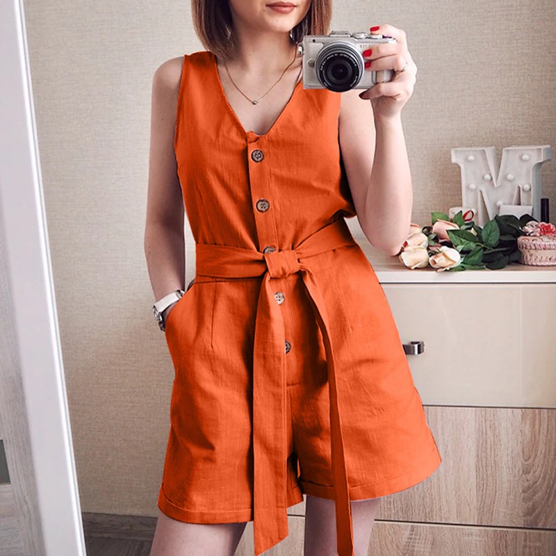 

Women Casual Lace Up Playsuits 2020 Summer V Neck Sleeveless Button Jumpsuit Solid Plus Size Romper Elegant Linen Short Overalls