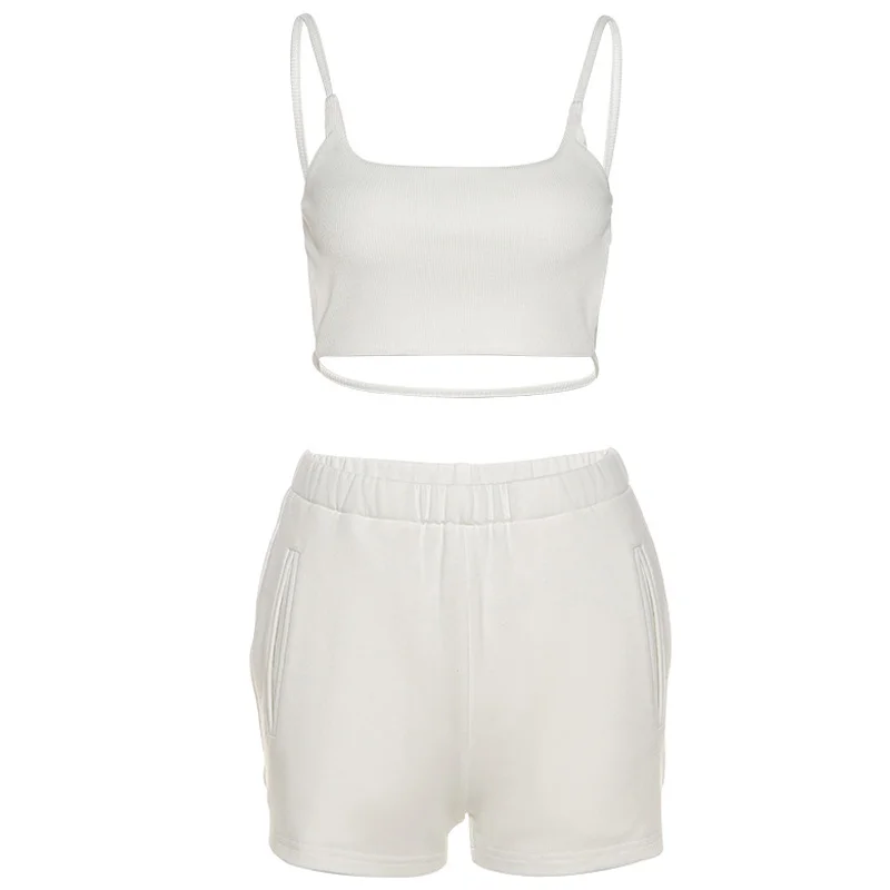 

2021 Summer 2 Piece Tracksuit Shorts Backless Camis Loungewear Set For Women Sporty Ribbed Fashion Casual Strap Clothes Vendors