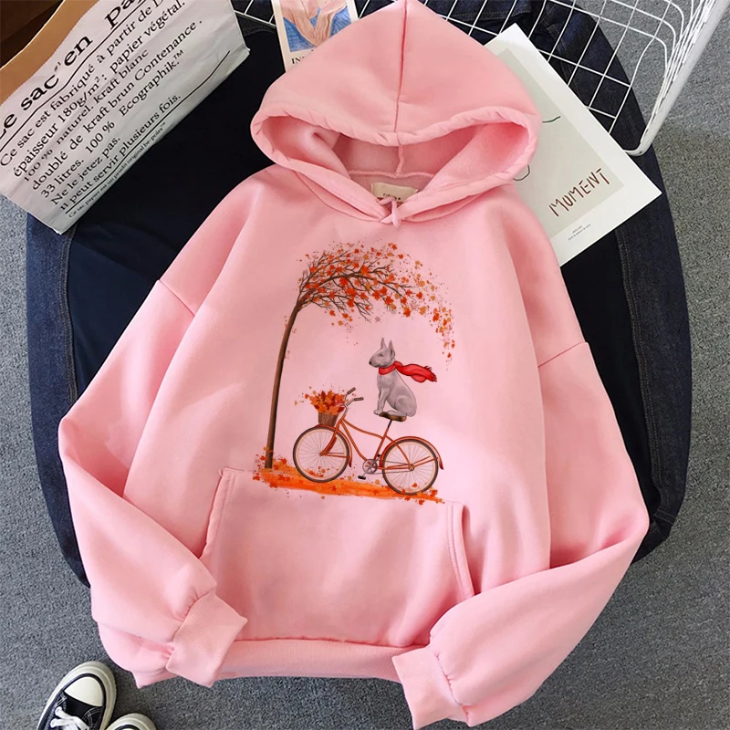 Autumn New Women Fleece Hoodies Sweatshirts Korean Style Kawaii Graphic Bicycle Hooded Jumper Warm Pocket Pullover Jacket