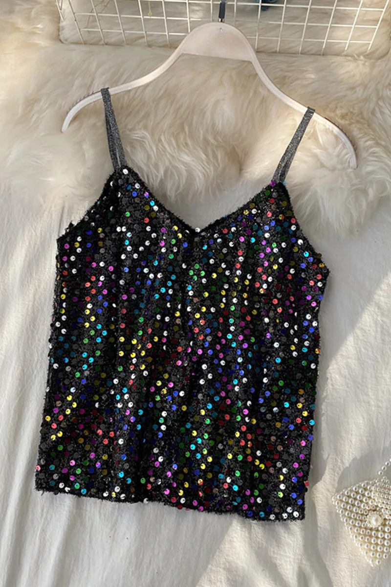 Design sparkling sequined camisole v-neck sexy sleeveless shirt women | Женская одежда