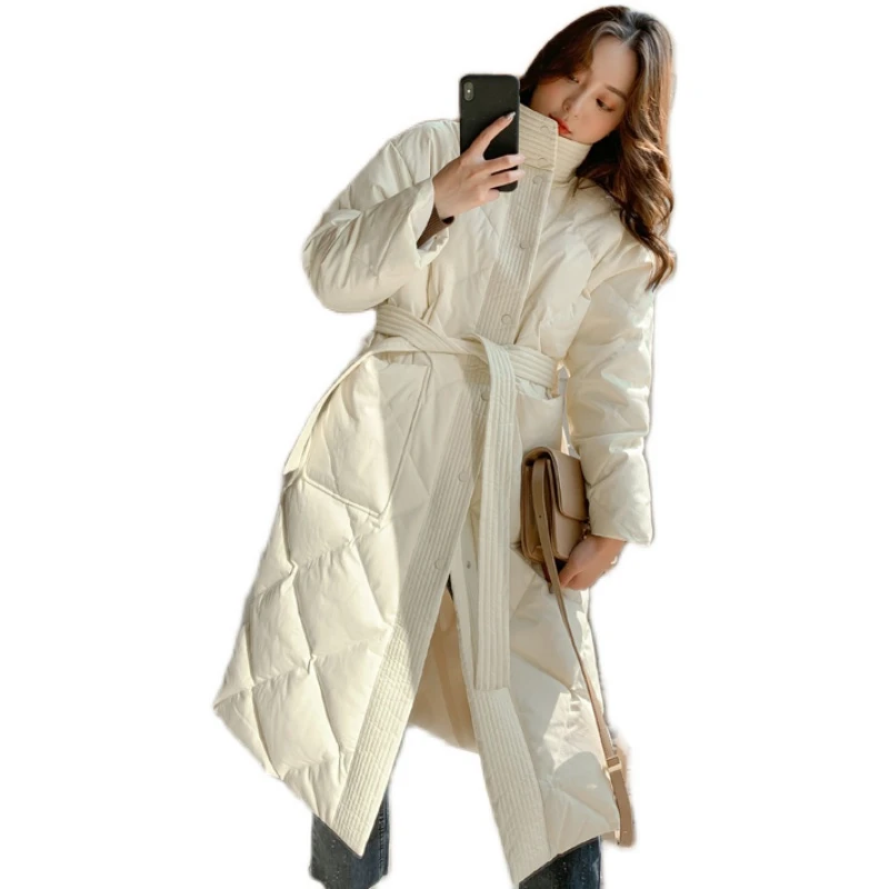 

New Winter Women Parka Windproof Stand Collar White Duck Down Long Coat Thick Warm Black Single Breasted Snow Outwear