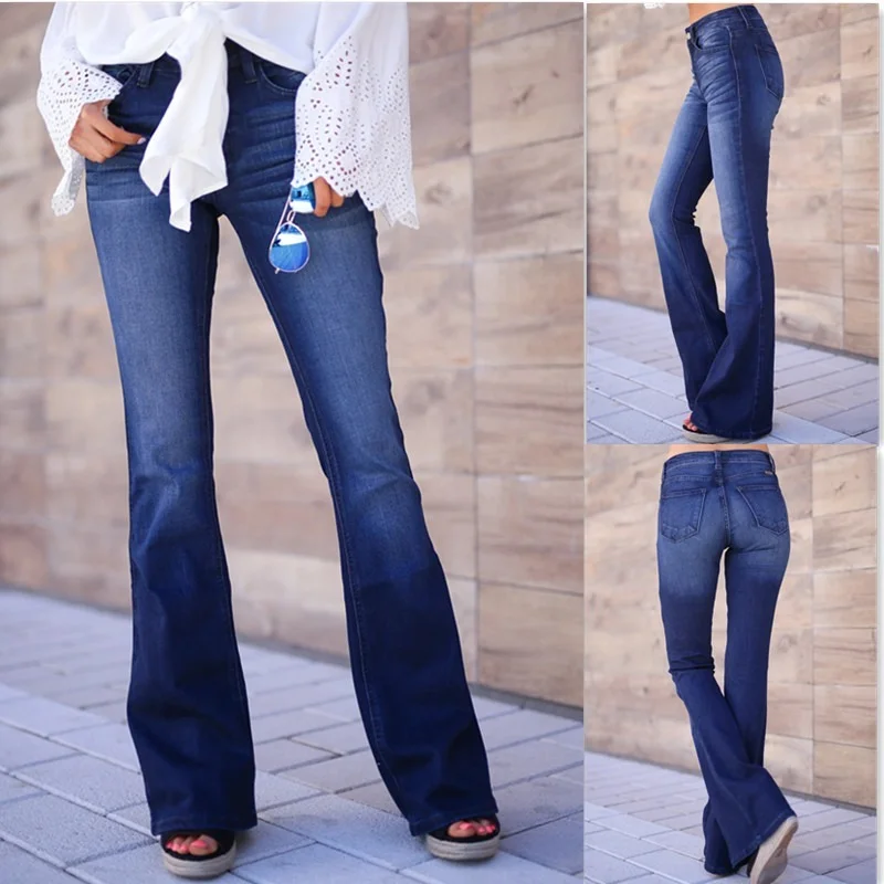 Trendy Dark Blue Denim Pants High Waisted Slim Fit Stretch Flared Denim Pants Women Vintage High Waist Flared Bell Bottom Jeans