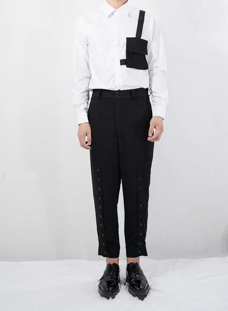 

men's Homemade casual harems pants with original slim nine-point button stitching.