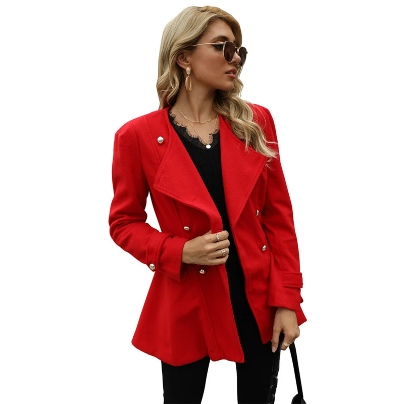 

Spring Coat Women Elegant Red Retro Double-breasted Round Neck Slim-fit Woolen Jackets Cheap Streetwear Youth Girls Clothing