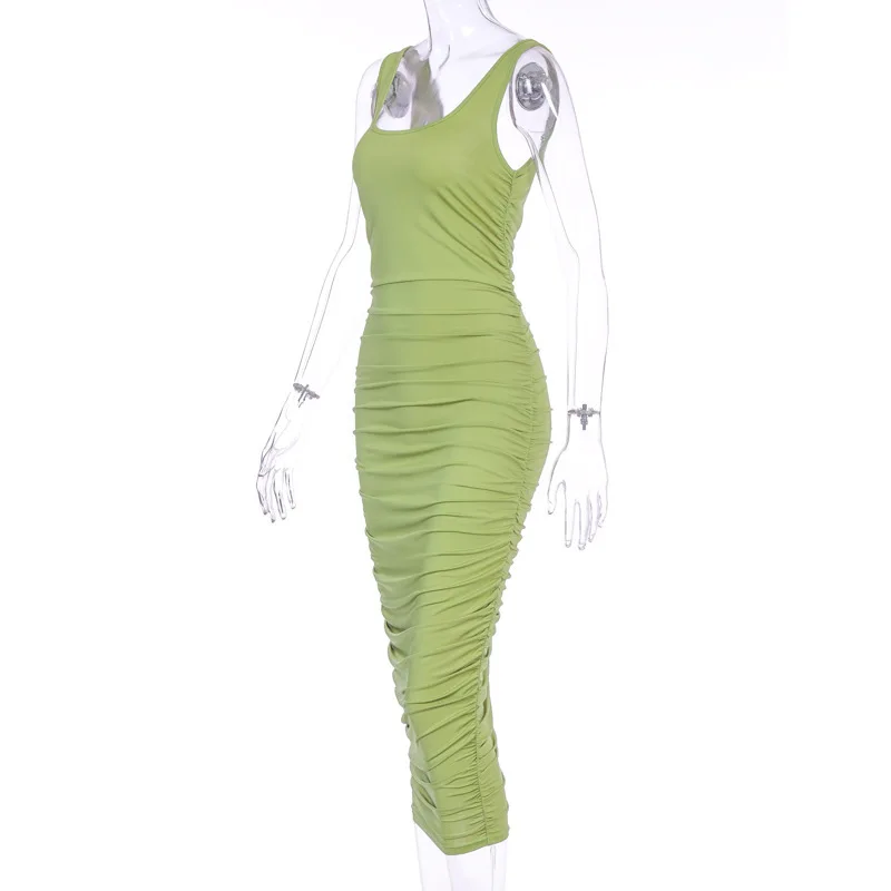 

Spaghetti Strap Pleated Sexy Bodycon Dress Sleeveless Summer Women Dress Backless Square Collar Club Party Dress