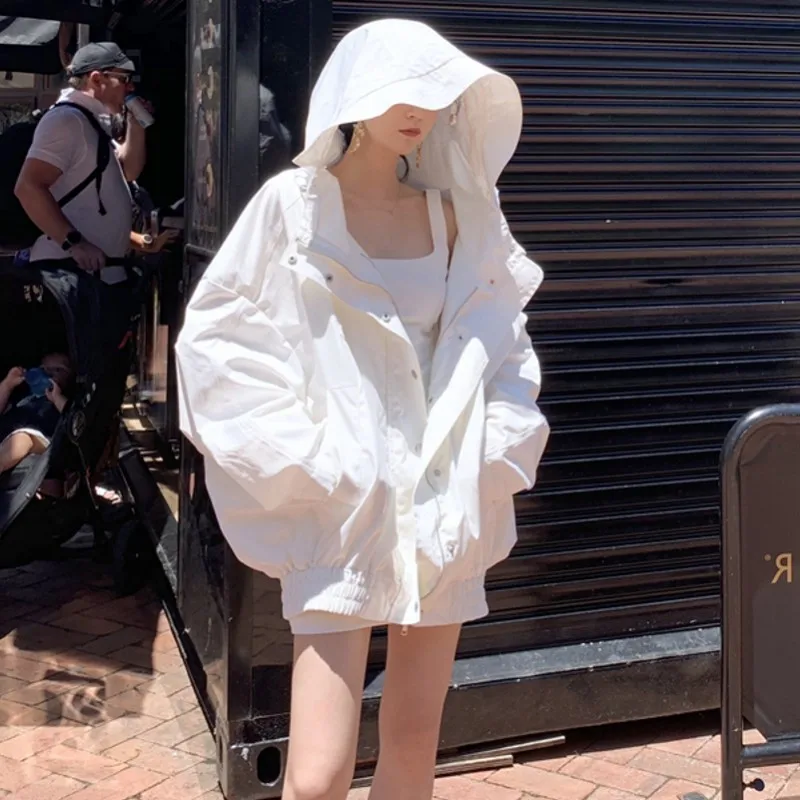 

autumn Loose Large Size Female Windbreaker Jacket Harajuku Hooded Student BF Coat Oversize White Jacket Basic Coats