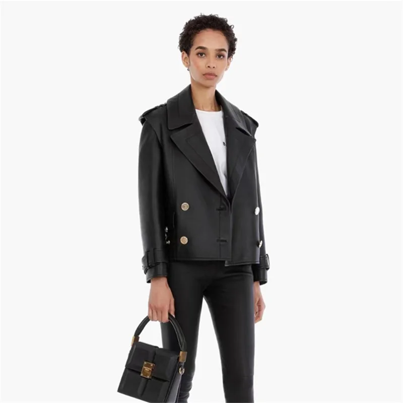 2022 Genuine Leather Jacket Women Short Fashion Gold Button Design Motorcycle Biker Zipper Natural Sheepskin Coat