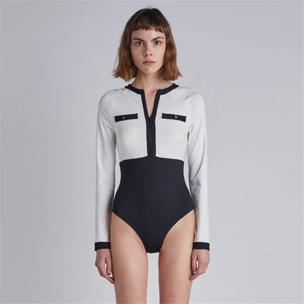 Белый черный купальник с длинным рукавом женский сексуальный цельный высокой
