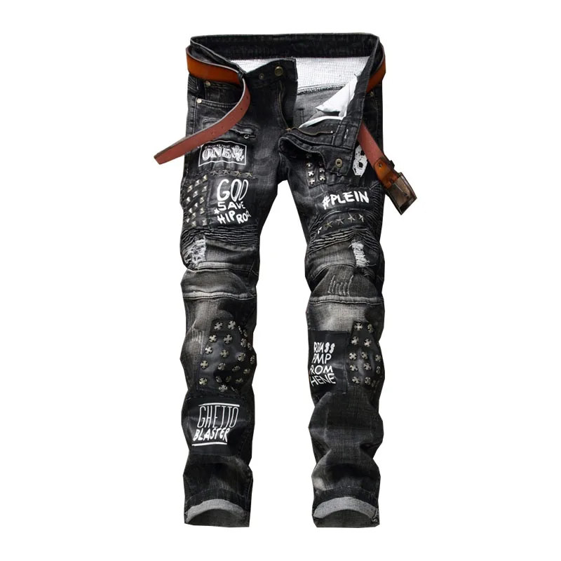 

Pun Style Men Ripped Rivet Jeans Straight Patches Streetwear Denim Trousers Male Motorcycle Pants