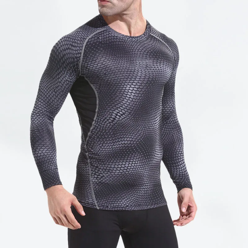 Wholesale 2021 Sports Men's Snake Texture Print Basketball Running Training Fitness Men's Long-sleeve Compression Tights Tshirt