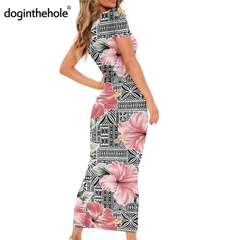

Doginthehole Women's Fashion Floral Print Bodycon Polynesian Tribal Pattern Short Sleeve Elegant Party Dress Female Slim Tunic