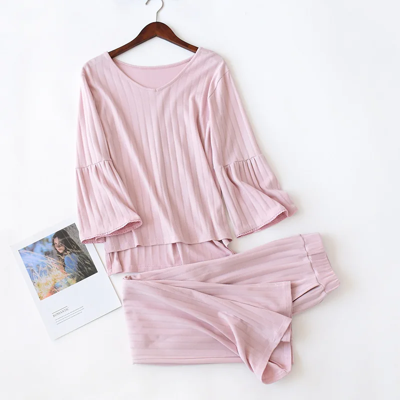 

Autumn Cotton Pajama For Women Full Sleeves Pink Pijamas Loose Sleepwear Set 2PCS Pyjama Femme Pijama Suit Night Wear