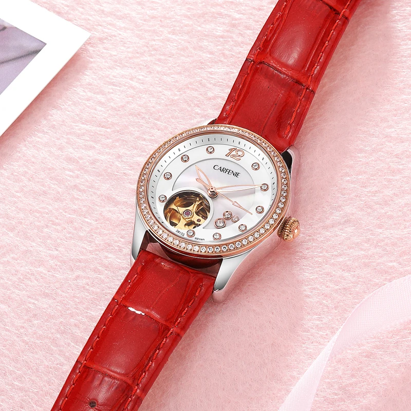 

Women Automatic Mechanical Watches Diamond Four-leaf Clover WristWatches Ladies Rose Leather Watch Waterproof Senhoras Assisti