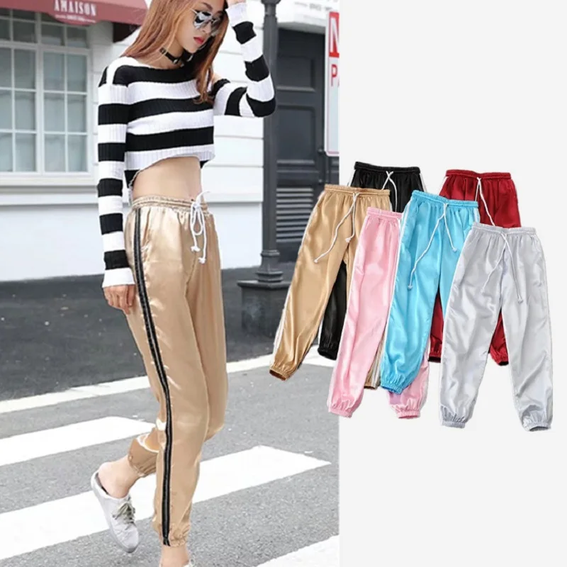Лето 2018 женские модные с высокой талией Модные атласные спортивные брюки