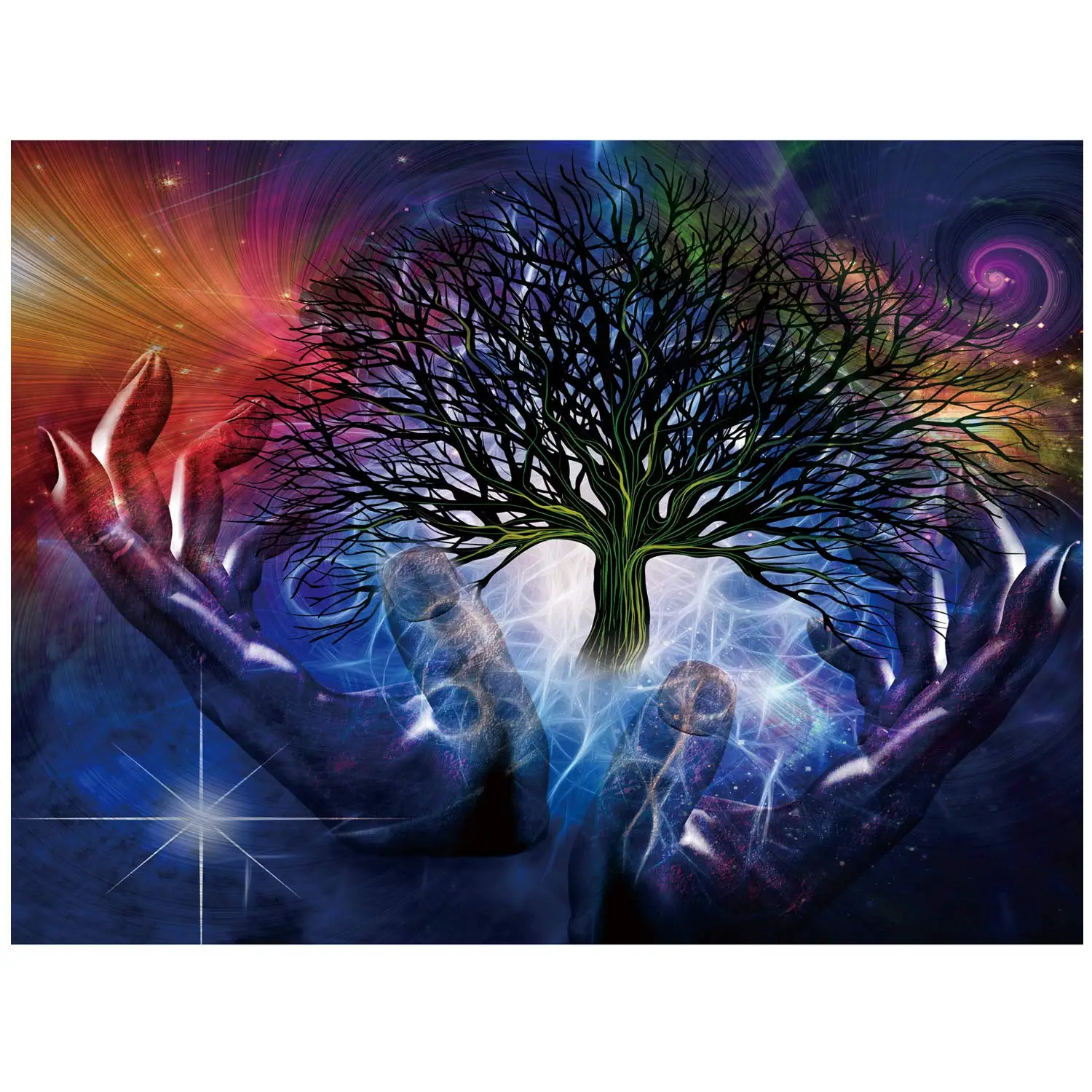 Настенная подвеска с изображением дерева жизни синими руками и красочным фоном