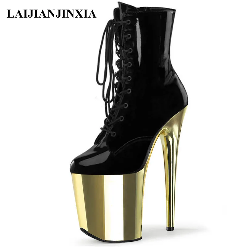 

LAIJIANJINXIA 20 CM Super High Heeled Shoes Patent Leather Short Boots Nightclub Pole Dancing Shoes Sexy Fetish Party Boots