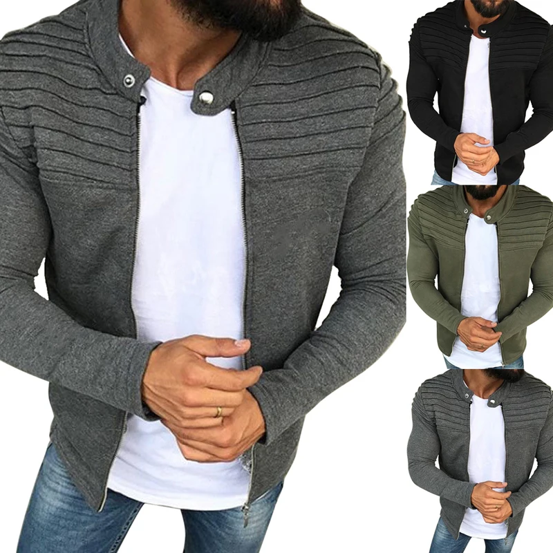 CYSINCOS Men's Jacket Solid Color Stripe Pleated Panel Cardigan Sweater 2018 New Plus Velvet Zip Spring And Autumn M-3XL | Мужская