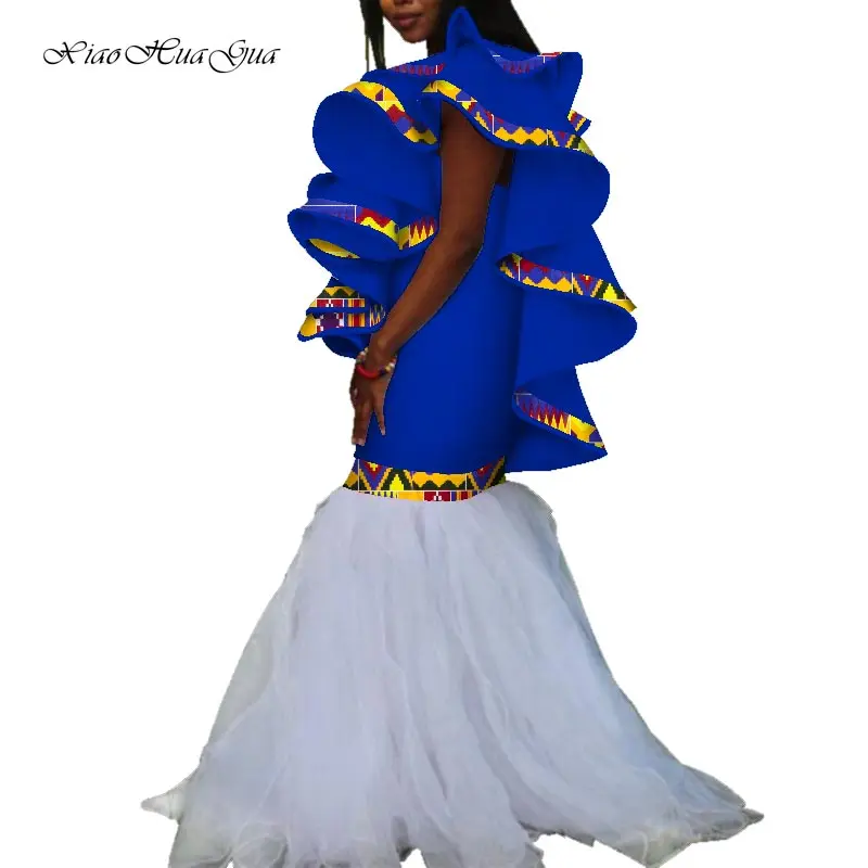 Fashion African Dresses for Women African Print Long Maxi Dress Fashion Ruffles Sleeve Yarn Evening Party Ankara Dress WY7109