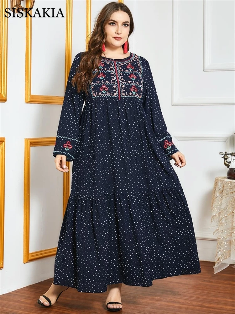 

Siskakia Женское Платье макси с цветочной вышивкой в горошек, осень 2021, элегантное платье с круглым вырезом и длинным рукавом, одежда в арабском ...