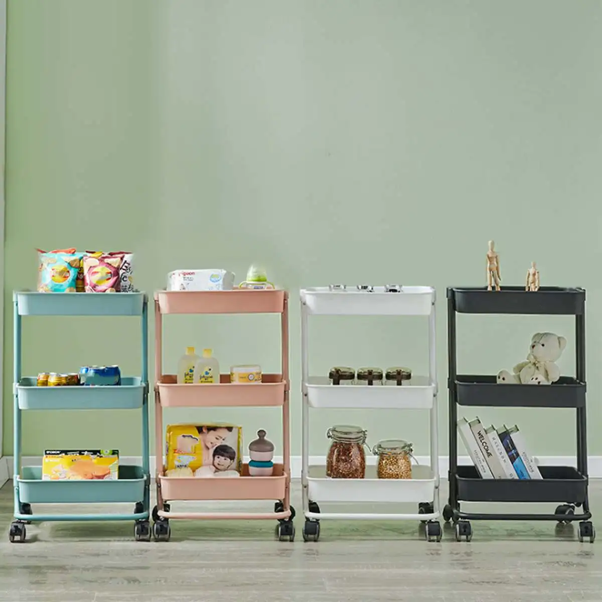 

42*37*77cm 3-Tier Rolling Storage Shelving Rack Organizer Trolley Utility Cart For Living Room Bedroom Bathroom Kitchen