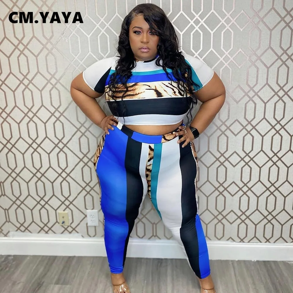 

Женский спортивный костюм CM.YAYA, комплект из двух предметов, топ в полоску с принтом и штаны для бега, спортивная одежда с короткими рукавами, ...