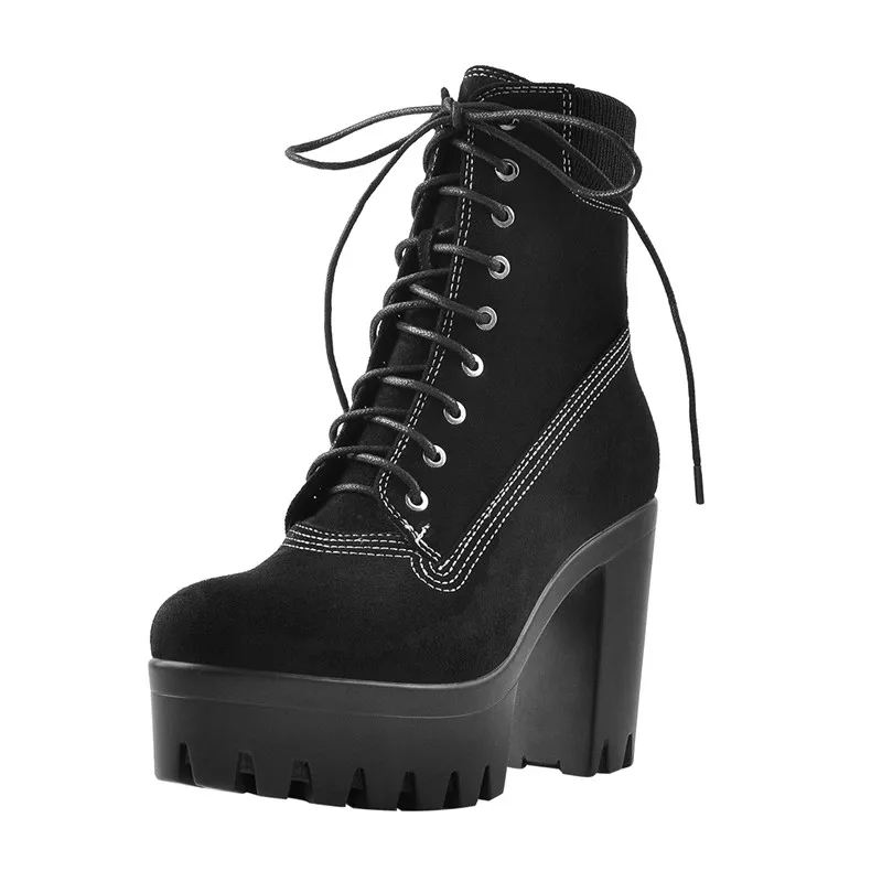 Onlymaker Women Round Toe Lace Up Platform Ankle Boots Big Size Black Fashion Short Female Brand Boots