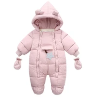 baby girl boy two piece thermal clothes set romper winter warm cotton jumpsuit solid color long sleeve hooded romper and gloves