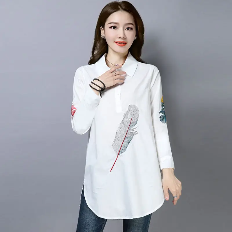 

2021 New Spring Autumn Women Classic Elegant Blouse Female Plus Size Loose Embroidery Shirts Lady Simple Style Tops Clothes Q63