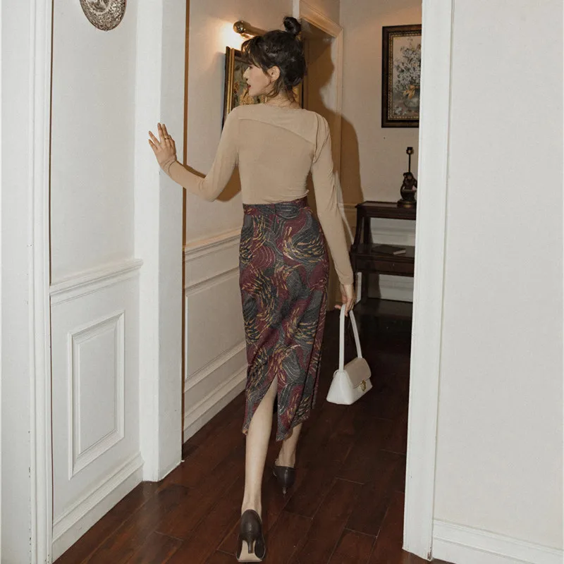 CHEERART Цветочная вышитая юбка Женская длинная облегающая с разрезом сзади женские