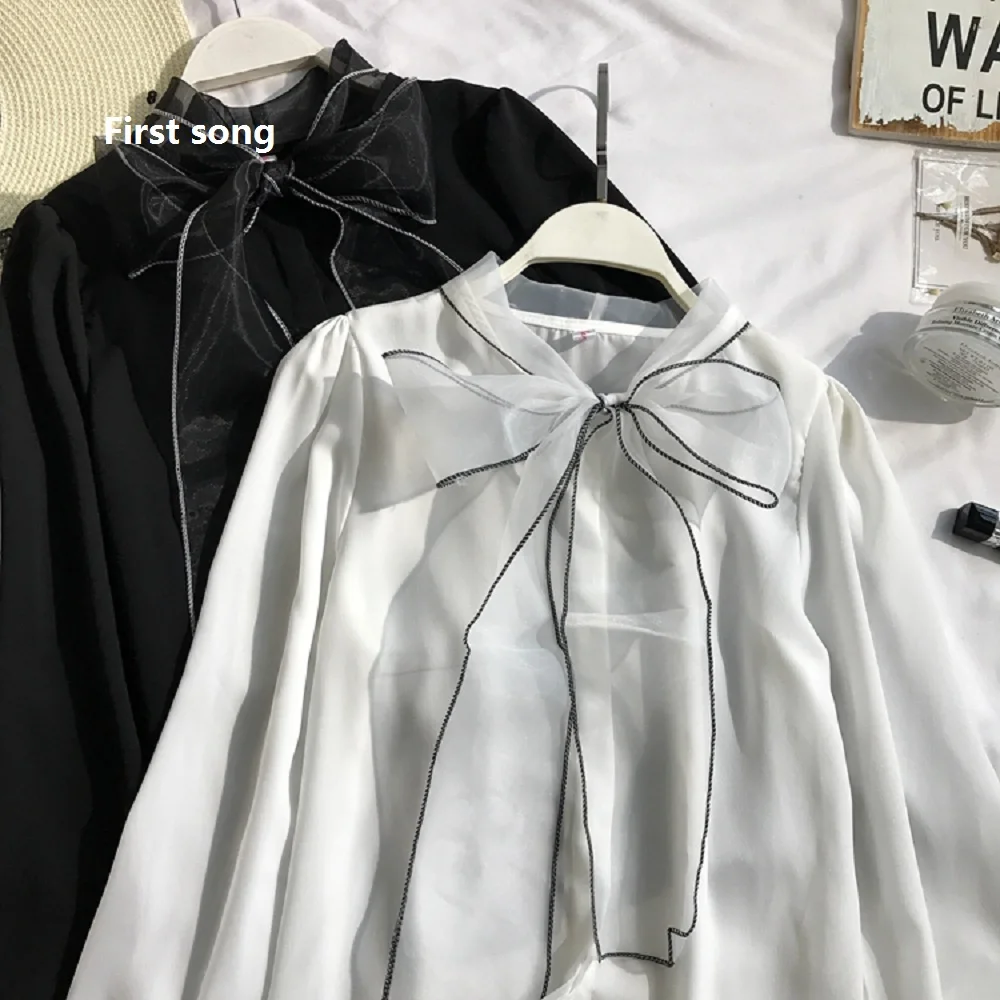 

First song Summer fashion long shirt ladies shirt 2019New long-sleeved tie bow chiffon turtleneck formal ladies white black shirt