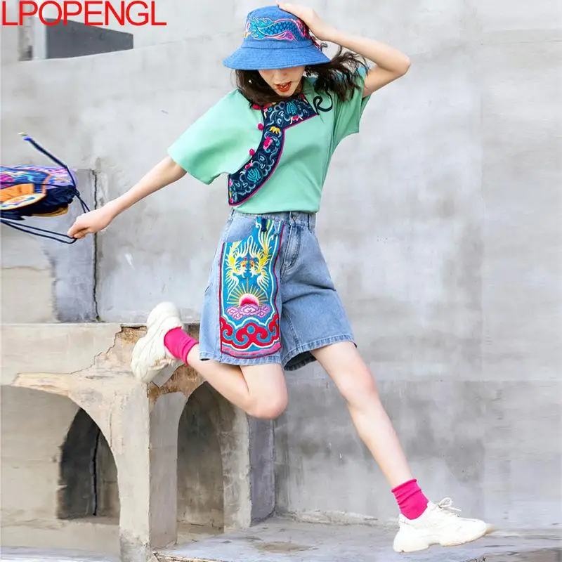 

Spring Summer Women Harajuku Embroidered Short Jeans 2021 Casual Fashion Sweet Style Straight Pants Large Size 27-33