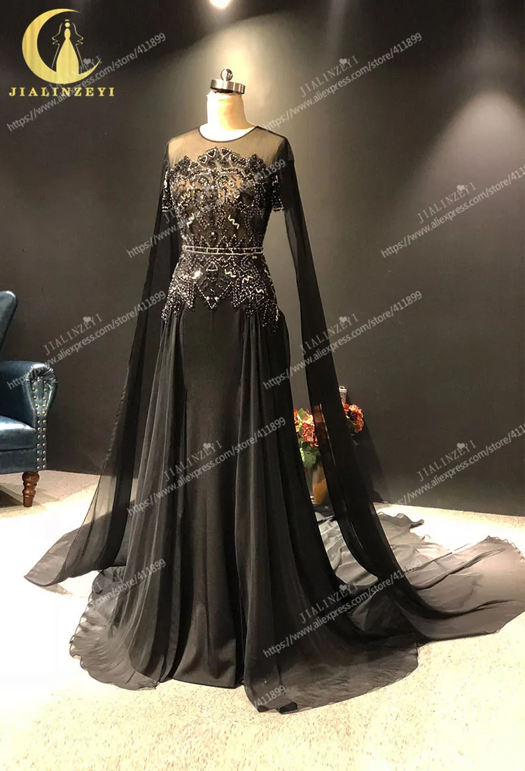 JIALINZEYI Zuhair Murad Long Sleeves Black Beads With Sliver Chiffon robe de soirée de mariage Fromal dress Evening Dresses