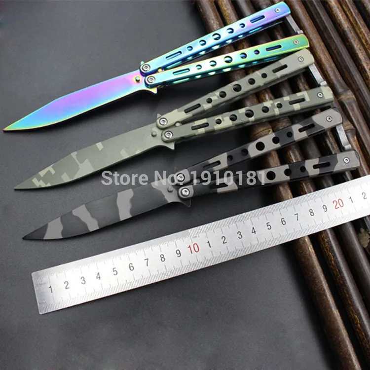 

Colorful Stainless Steel Training Knife Titanium Camo Knife Butterfly Game Knife No Edge Dull Tool