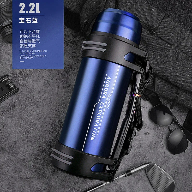 Blue 2200ml Фирменный термос большой емкости из нержавеющей стали, термос с изоляцией, вакуумная колба для бутылки с водой, уличные термобутылки с двойными стенками - Цвет: Blue 2200ml