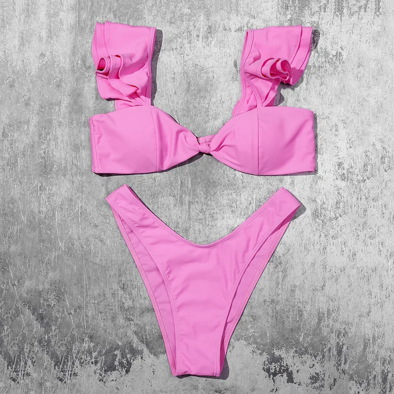 

Qeils Sexy Bikinis Solid Push Up Bikini 2021 Newest Padded Bra Ruffles Tie Low Waist Swimsuit Female Swimwear Women Biquini