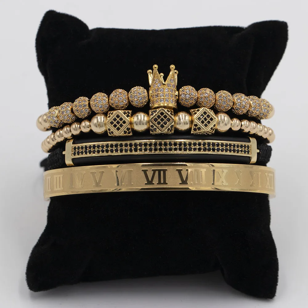 4 pcs set gold Мода роскошный Римский Королевский браслет с шармом с короной для мужчин Золотой Плетеный Регулируемый мужской браслет для хип хоп ювелирный подарок - Metal Color: 4 pcs set gold