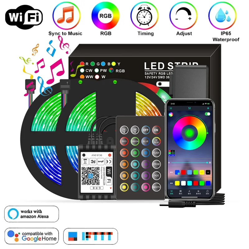 

Светодиодная RGB ленсветильник с Wi-Fi, 20 м, SMD 5050, гибкая лента с диодами, 12 В постоянного тока, с Wi-Fi контроллером для украшения комнаты, светодио...