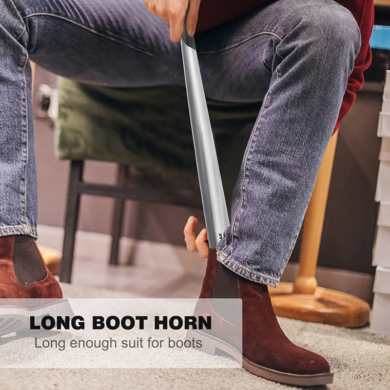 ZOMAKE Long Handle Shoe Horn Stainess Steel Shoe Spoon Set of 2. Travel SizeShoe With Leather Cover Shoe Horn Helper for Seniors