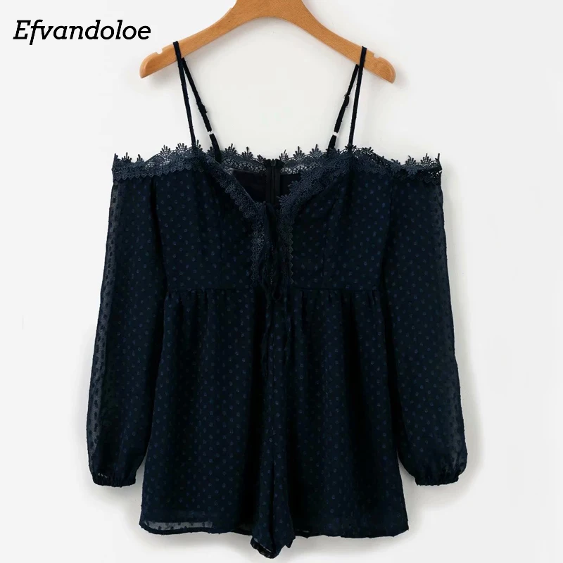 Efvandoloe, женские комбинезоны, кружевные шифоновые Комбинезоны с бретельками, комбинезоны, комбишорт, с открытыми плечами, бандаж, сексуальный короткий комбинезон - Цвет: Темно-синий