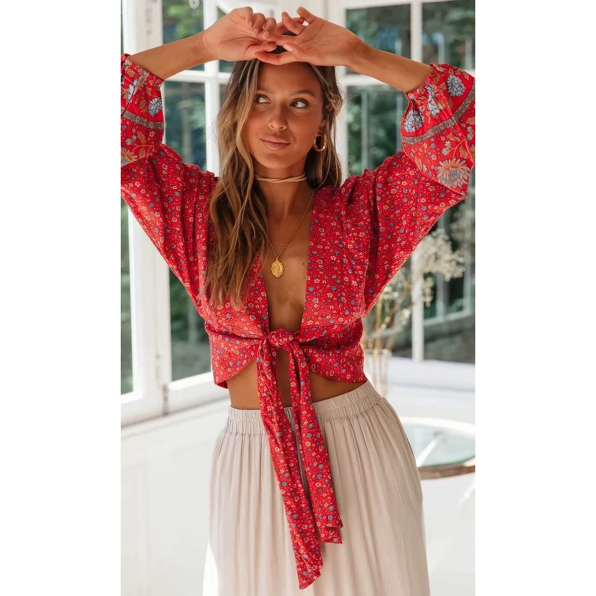 Женское кимоно с цветочным принтом длинным рукавом и поясом|Блузки| |