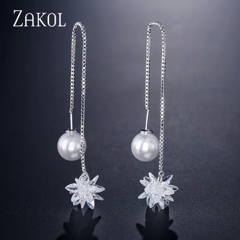 ZAKOL модные свисающие серьги двухсторонние блестящие с искусственным жемчугом