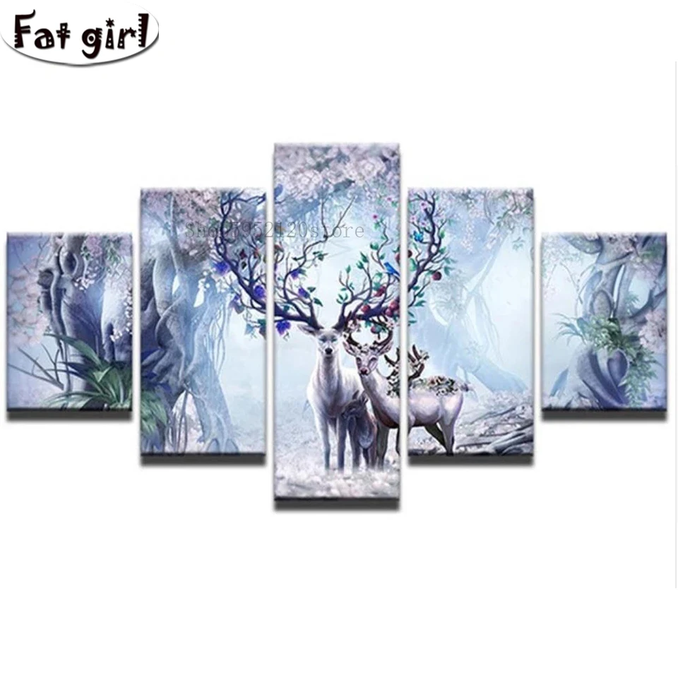 

Animal home wall hanging 5d Diy diamond painting 5 panel cross stitch mosaic deer animals embroidery square round drill Handmade