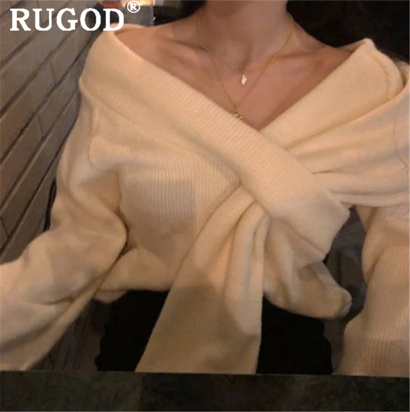 RUGOD Elegant solid cross knitted sweater women Sexy off shoulder lantern sleeve pullover sweaters female korean auturm | Женская одежда