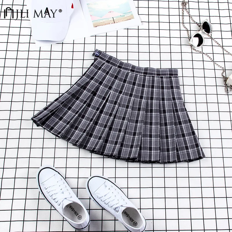 

JLI MAY High Waist Pleated Skirt Solid Plaid Empire Slim Above Knee Harajuku Short Skirts Sweet Preppy Style