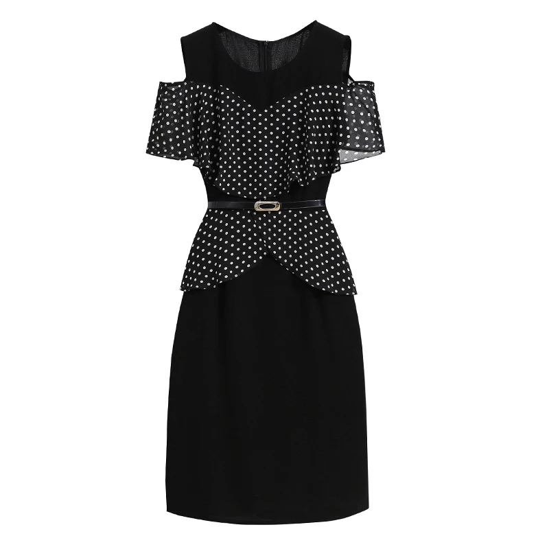 

4XL 5XL Plus Size 2021 New Summer Elegant Mesh Patchwork Polka Dot Dress For Women Short Sleeves O-Neck Belt Waist Dresses
