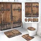 Занавески для душа с принтом деревянной двери в стиле ретро, с крючками, быстросохнущие водонепроницаемые крышки для унитаза, набор ковриков для ванной, 4 шт.