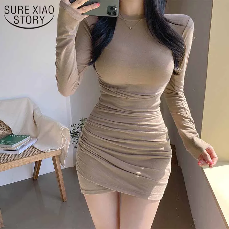 

2021 Spring Korean Sexy Dress Pleated High-waist Long Sleeve Solid Short Bodycon Dress O-neck Dresses for Women Vestidos 12581